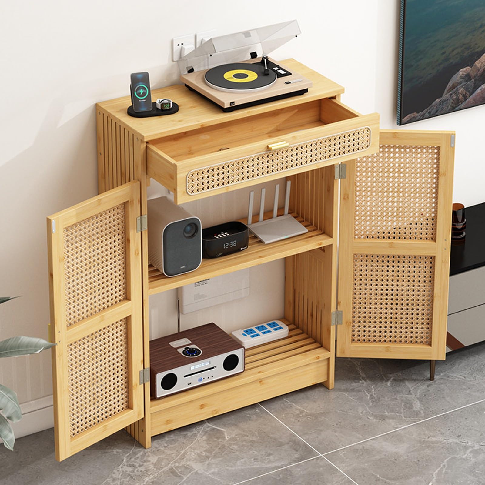 Armoire de Rangement pour Routeur WiFi avec Tiroirs, Osier Respirant Meuble Box Internet Grande Capacité de Rangement, pour Dissimuler Les Routeurs, Modems et Câbles(Natural,60 * 25 * 91cm)