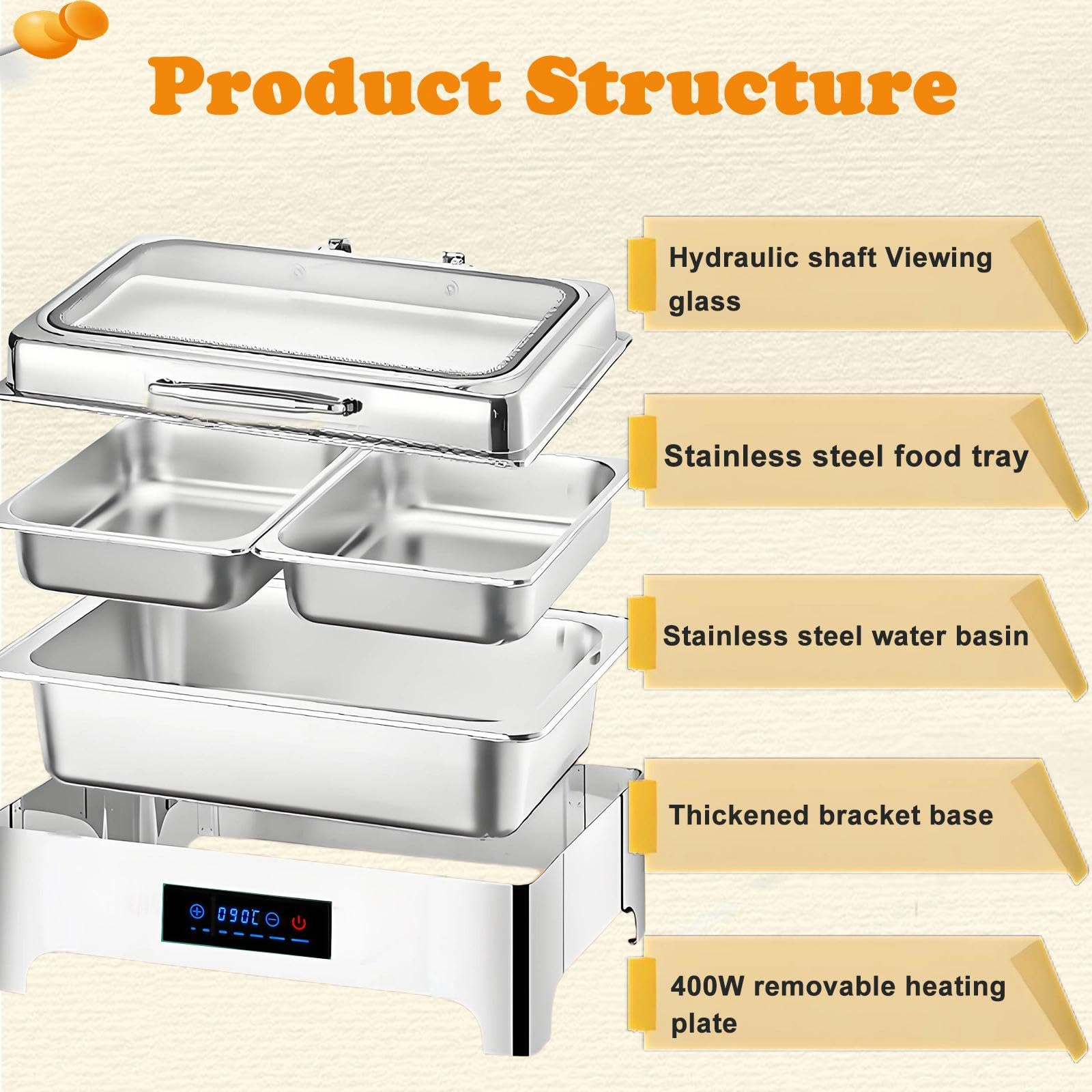 Chafing Dish Eléctrico 9L, Calentador de Buffet Electrico con Toque Inteligente, Acero Inoxidable Calentador de Comida con Tapa Visible para Fiesta, Temperatura Regulable 0-90℃(1/2)