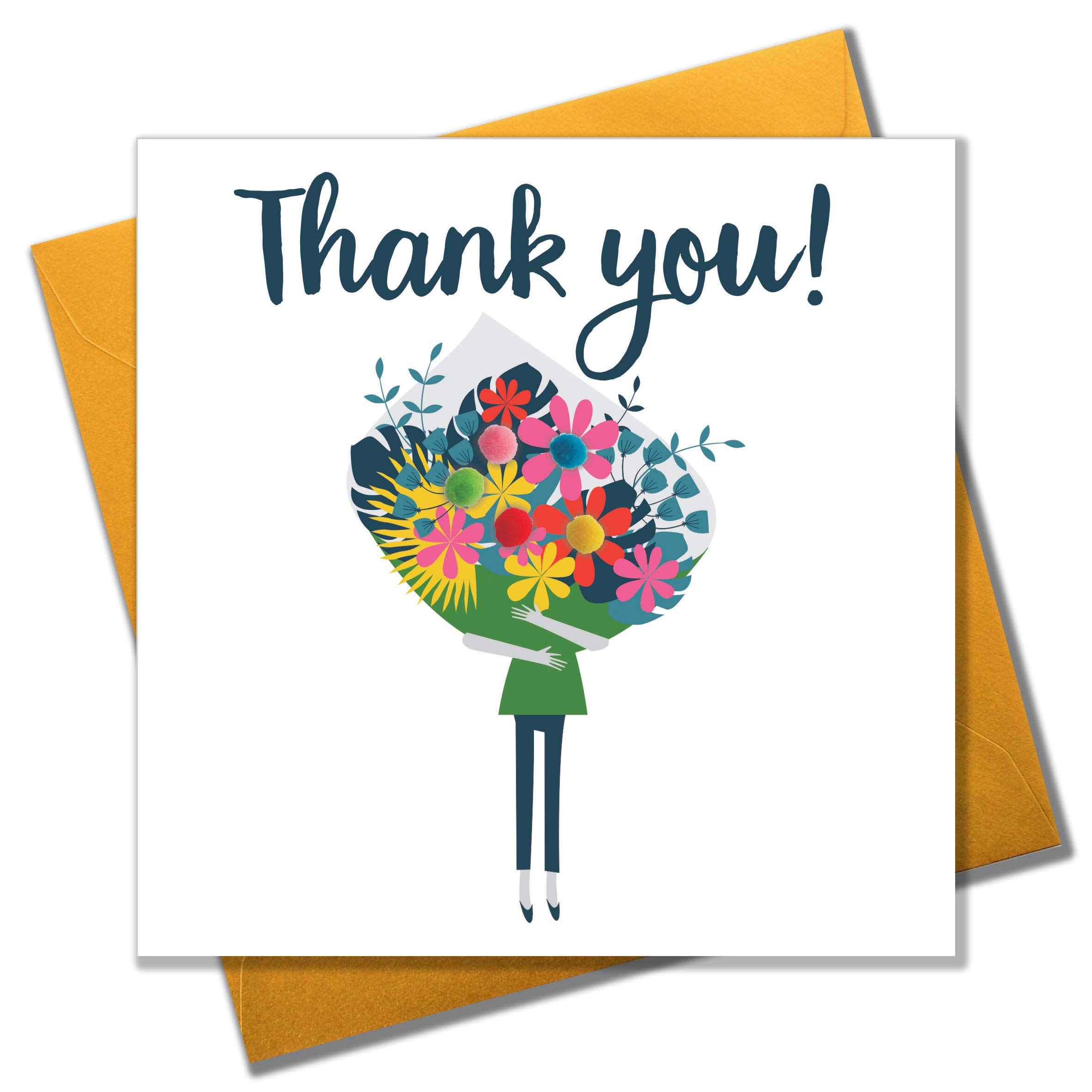 Claire Giles Greeting Cards, Thank You Card, Flowers Bouquet Design Thank You Very Much Card, Embellished with Colourful Pompoms