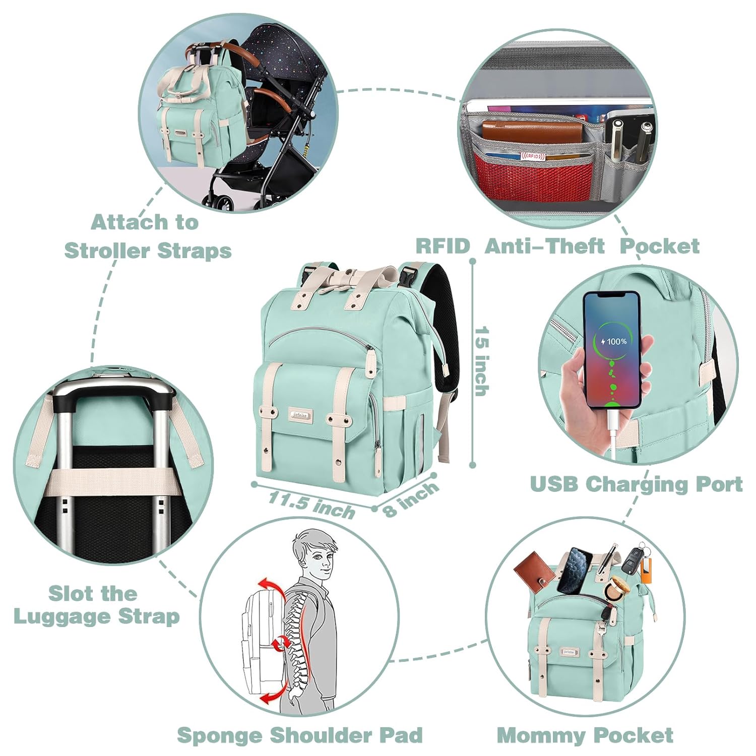 Jiefeike Diaper Bag Backpack,Green diaper bags for baby girl boy, girl diaper bag backpack, Insulated Pockets Portable toddler diaper bag RFID Anti-Theft Pocket