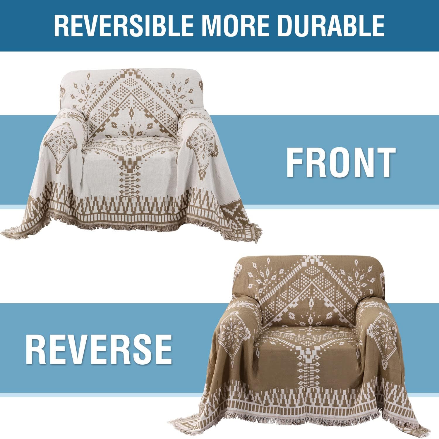 H.VERSAILTEX Reversible Sofa Cover Couch Cover for Dog Sofa Slipcover for Most Shape Sofa Furniture Protector with Tassels Sectional Couch Cover (Medium: 71" x 91", Sand/White)