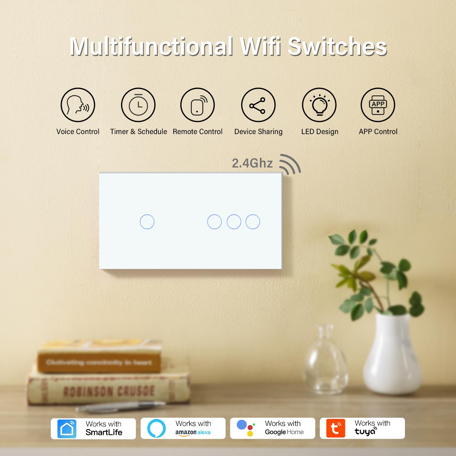 BSEED Interruttore touch WIFI intelligente, doppio interruttore della luce da parete con pannello in vetro compatibile con Alexa/Smart Life/Tuya (non necessita di cavo neutro) 1 Gang + 3 Gang 1 via