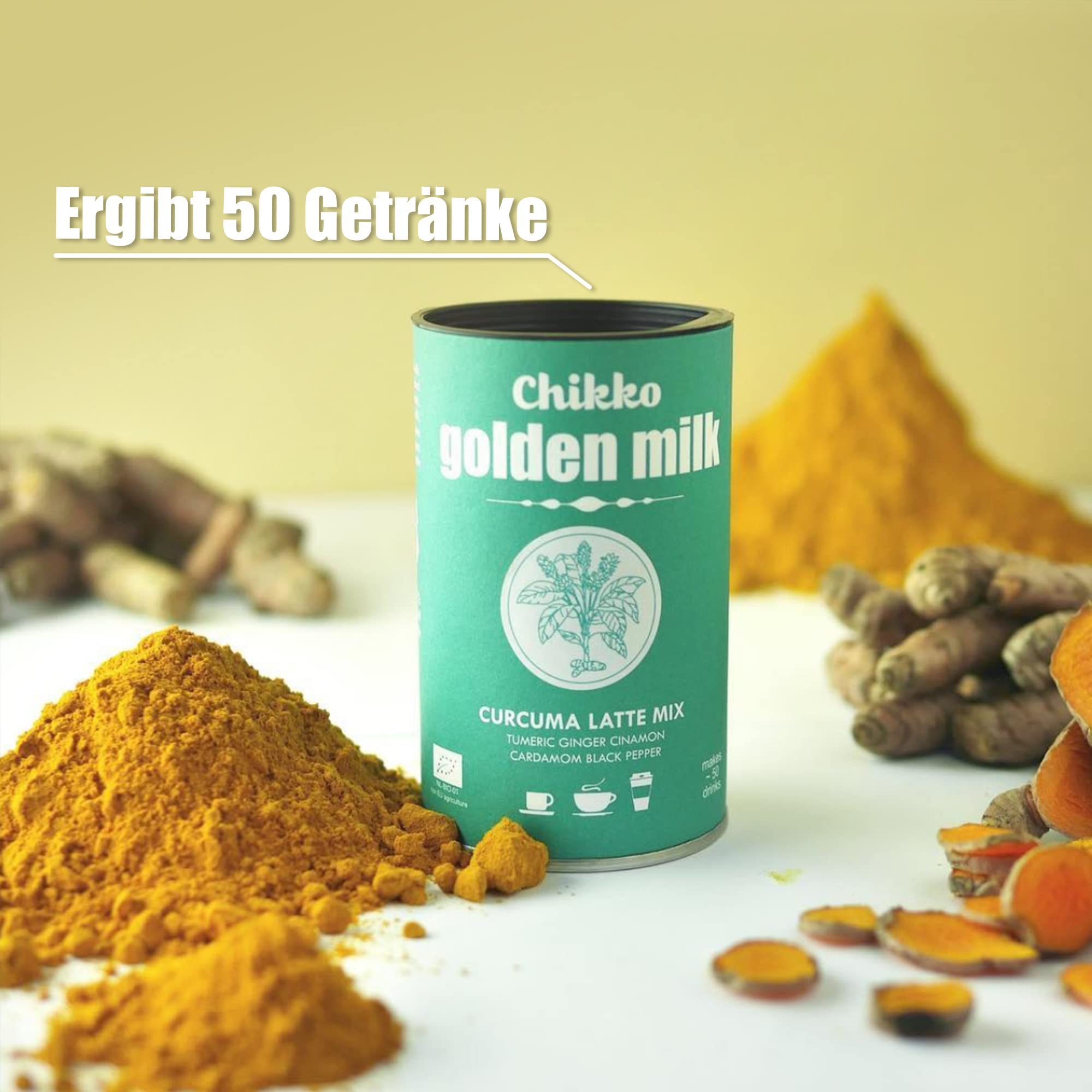Chikko Not Coffee Leche Dorada en Polvo 6x110g - Latte de cúrcuma bio, canela, jengibre, cardamomo y pimienta negra - Sin azúcar
