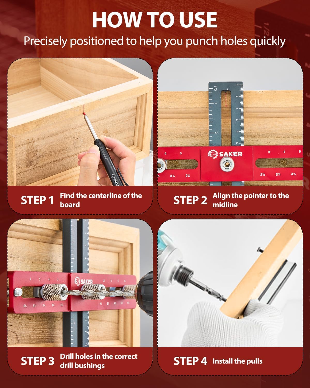 Saker Cabinet Hardware Doweling Jig - Cabinet Handle Template Tool for Knobs and Pull - Adjustable Self Centering Punch Locator Precise Woodworking Drill Guide (6.5" Jig Saw) - Image 7