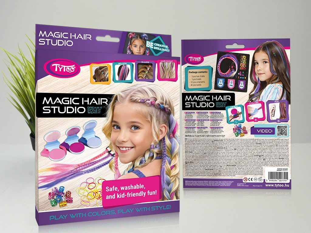 TyToo Magic Hair Studio — набор мела для волос для девочек с разноцветными прядями, блестящими жемчужинами, резинками для волос, заколками — полный набор для укладки волос для