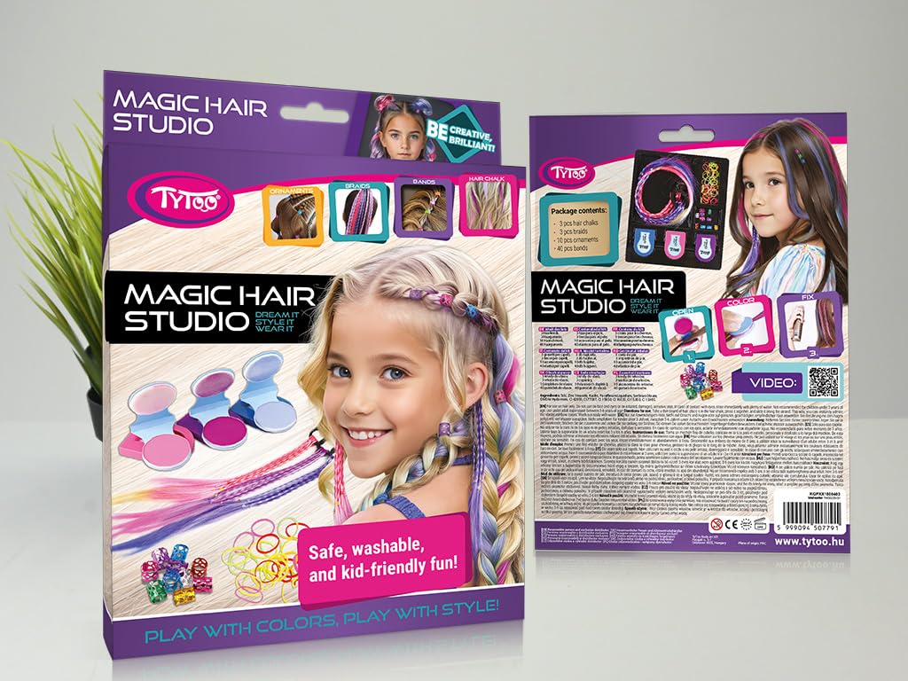 TyToo Magic Hair Studio – zestaw kredy do włosów dla dziewczynek z kolorowymi pasmami włosów, błyszczącymi perłami, gumkami do włosów, spinkami do włosów, kompletny zestaw do stylizacji włosów dla