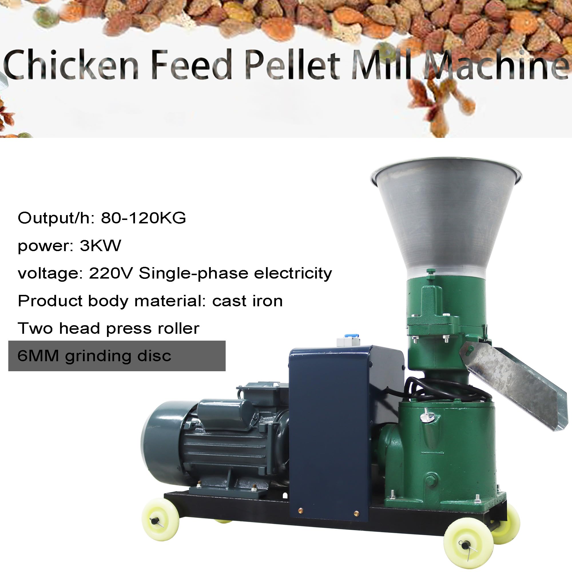 HQHAOTWU Animal Feed Pellet Machine Chicken Feed Pellet Maker Farm Fodder Granulator 2 Head Rollers 6MM Holes Plate 220V 3KW