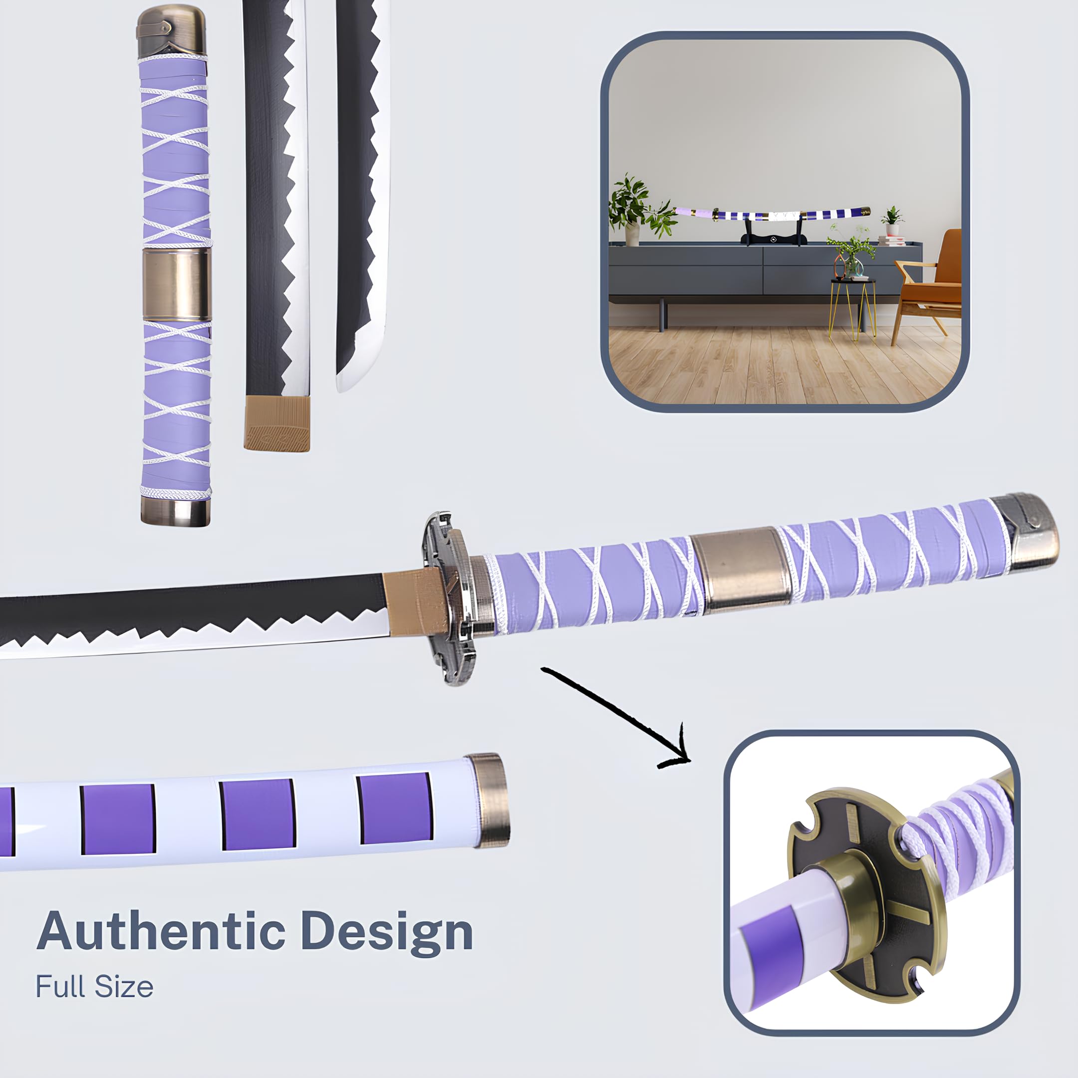 Katana En Bois Hashiman - Réplique Démon Slayer (Tsuyuri Kanao) 103cm + Support Bois + Ceinture - Cosplay Décoration - 6