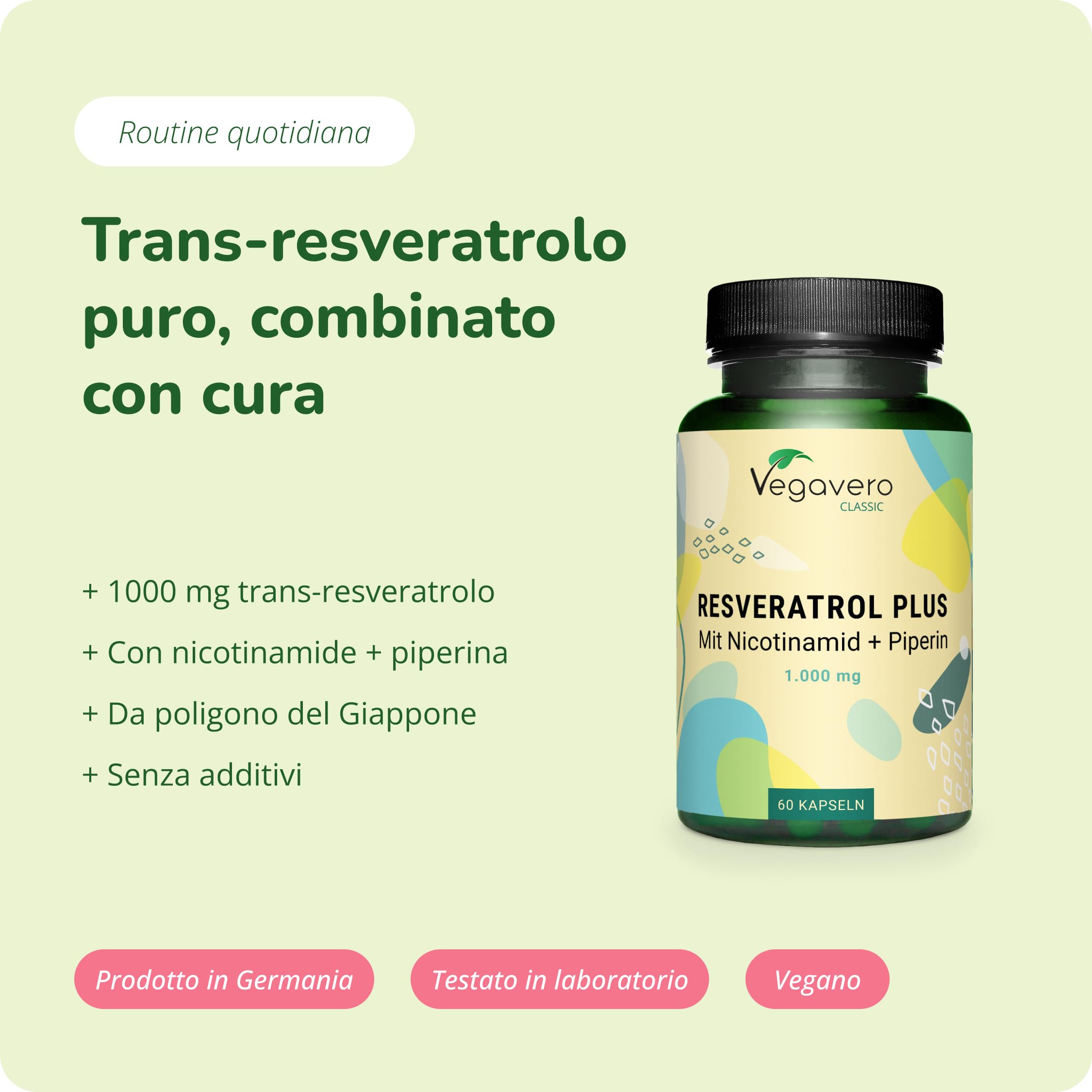 Resveratrolo Puro 1.000 mg | con Nicotinamide | Trans-Resveratrolo Naturale | Integratore Antiossidante | Senza Additivi e Vegan | 60 capsule | Vegavero®