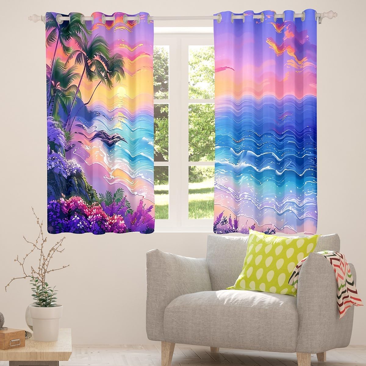 Manfei Ocean Beach Blackout Curtain Tropical Palm Trees Flower Window Drapes, Summer Sea Beach Window Treatments, Kids Boys Girls Room Decor, Grommet Top 2 Panel Set Bedroom Curtains, 38Wx54L inch