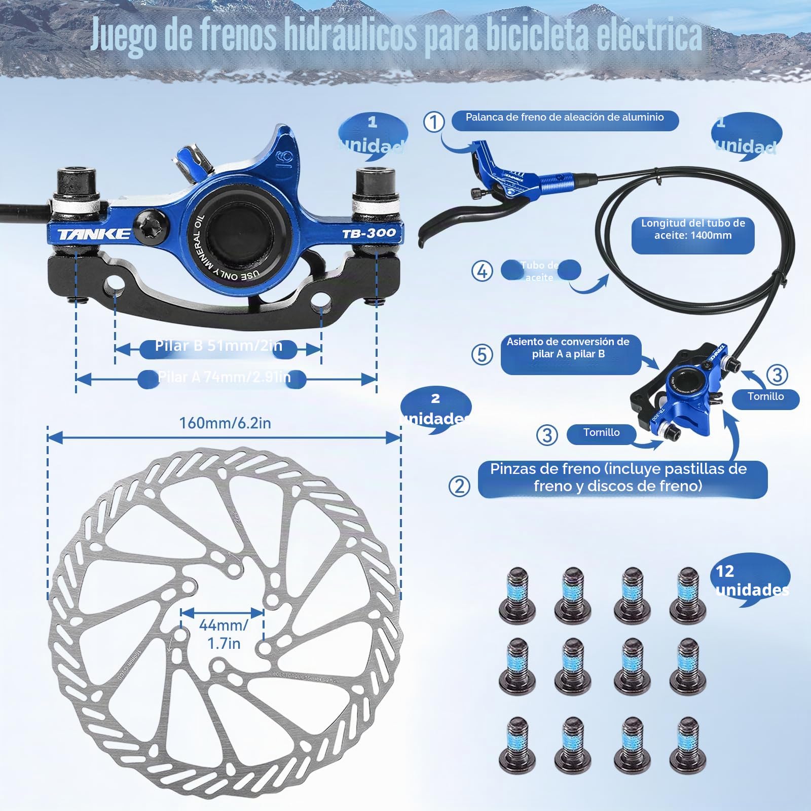 Buachois Juegos de Frenos de Disco de Bicicleta, Kit de Freno hidráulico de Bicicleta E con rotores de 160 mm, Frontal Izquierdo 89 cm y palancas de presión de presión de Aceite de 147 cm