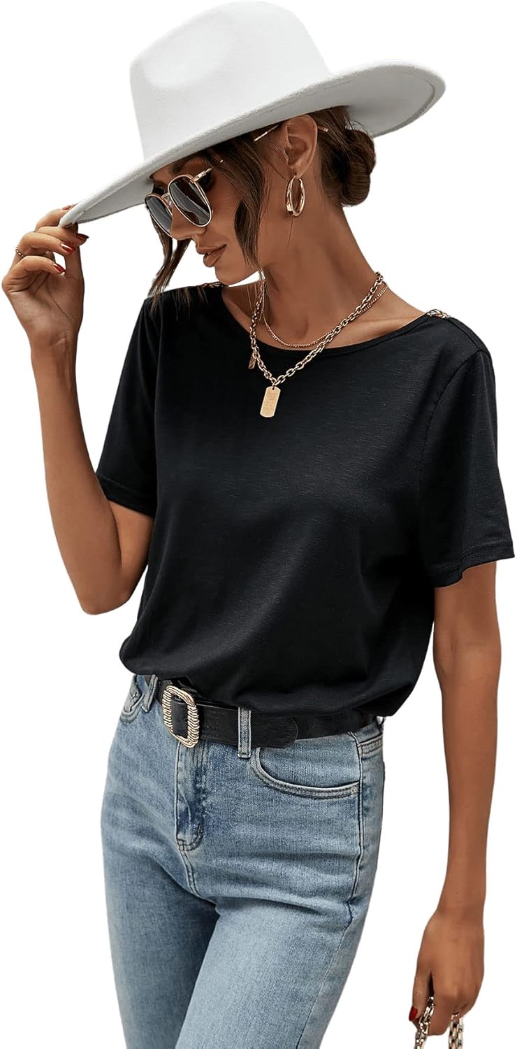 SweatyRocks Women's Contrast Panel V-Cut Back Short Sleeve Tee Shirts Crew Neck Backless T Shirt Casual Summer Top - Image 5