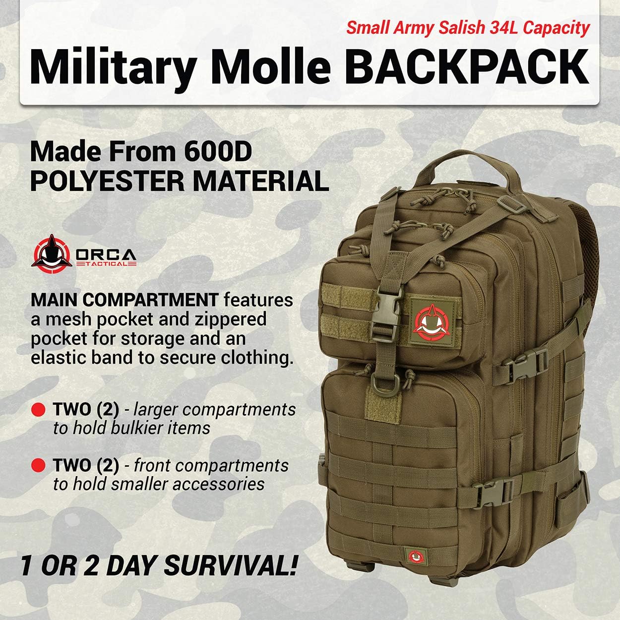 ORCA 34L Military Tactical Backpack – Heavy Duty Waterproof Rucksack for Camping, Hiking & Survival, 600D Polyester (OD Green)