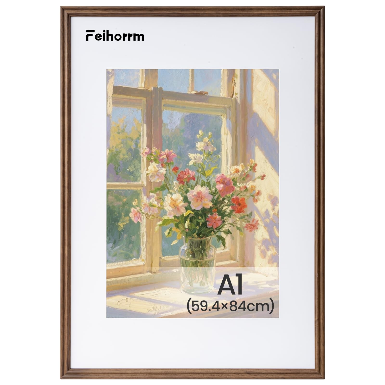 Feihorrm Vintage Bilderrahmen, A1 Walnuss Massivholz Fotorahmen, Mit gehärtetem Glas, Für 59,4x84 cm-Fotos ohne Passepartout oder 41x58,4 cm-Fotos mit Passepartout (Dunkel Braun, A1 (59,4x84 cm))