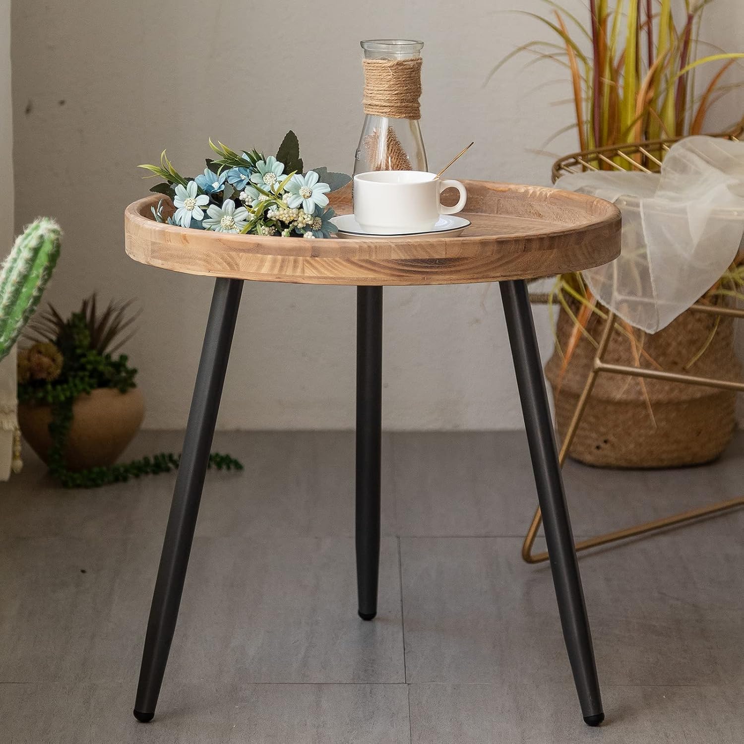Tiita Samll Round Side Table, Wood Tray Accent End Table for Compact Spaces
