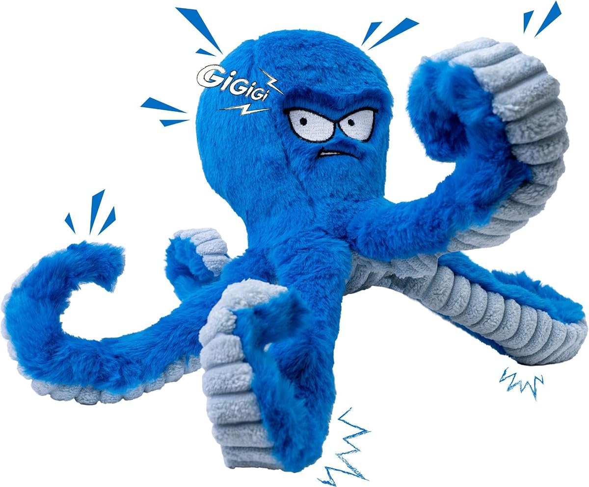 LEGEND SANDY Juguetes duros para perros, juguetes masticables rellenos para perros grandes para mantenerlos ocupados, juguete interactivo para perros de tira y afloja, pulpo azul arrugado | Juguetes interactivos para cachorros de tira y afloja, pulpo relleno arrugado para razas pequeñas, medianas y grandes, regalo de cumpleaños para mascotas