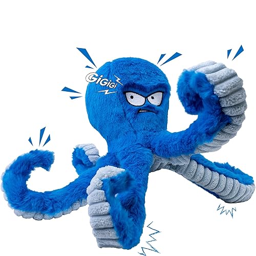 LEGEND SANDY Tough Dog Toys, Stuffed Chew Large Dog Toys to Keep Them Busy, Interactive Squeaky Tug of War Doggie Toy, Crinkle Blue Octopus - Blue Octopus
