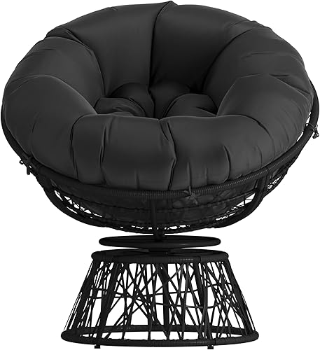Miniatura 7 de Merrick Lane Foley Papasan - Silla giratoria para patio, marco de mimbre tejido negro, cojín negro extraíble para todo tipo de clima