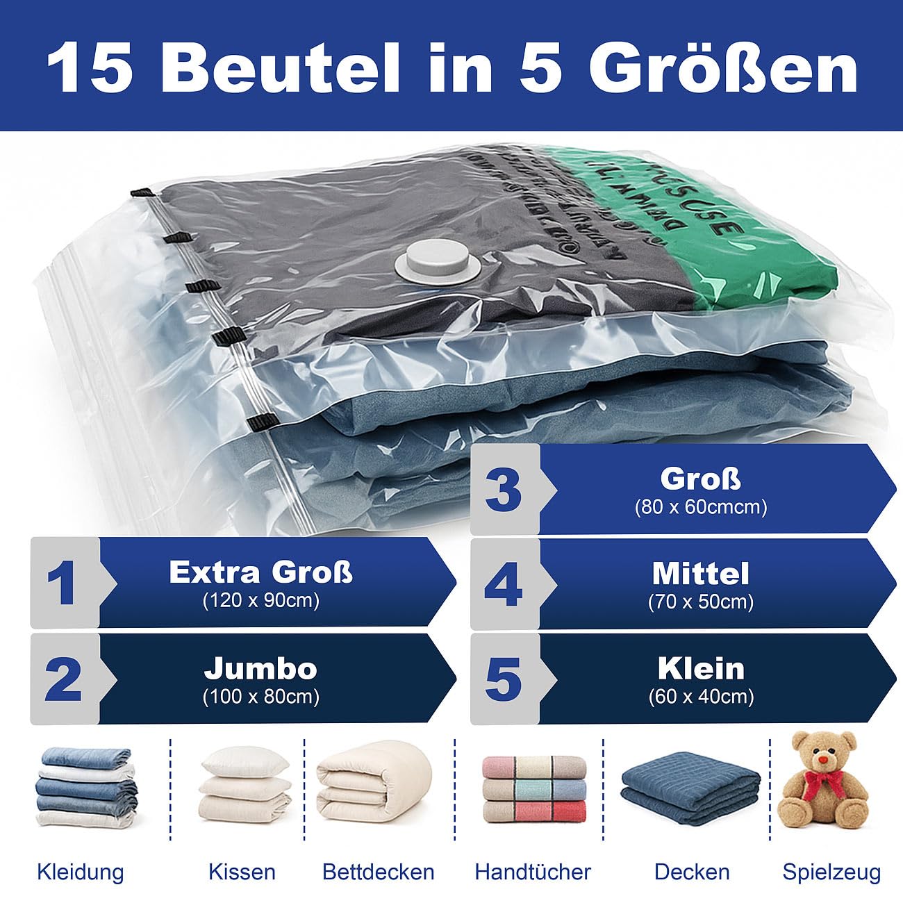 PEARL Vakuumbeutel Klamotten: 60er-Set Vakuumbeutel für Kleidung, wiederverw. 60 Beutel, 5 Größen (Aufbewahrung, für Textilien, Mini)