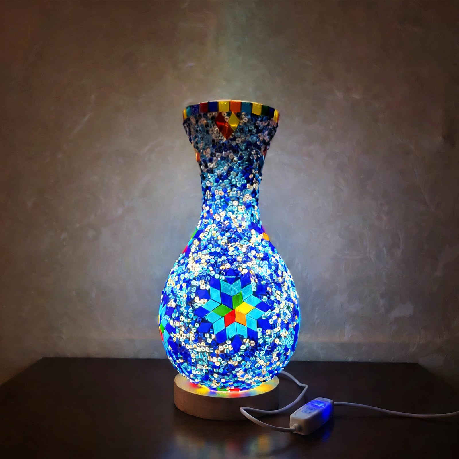 Glass Mosaic Vase Lamp Modern Home Office Study Decorative Mosaic Glass Night Light Handmade Ethnic Style Decorative Gift (USB/3-Color Dimmable)