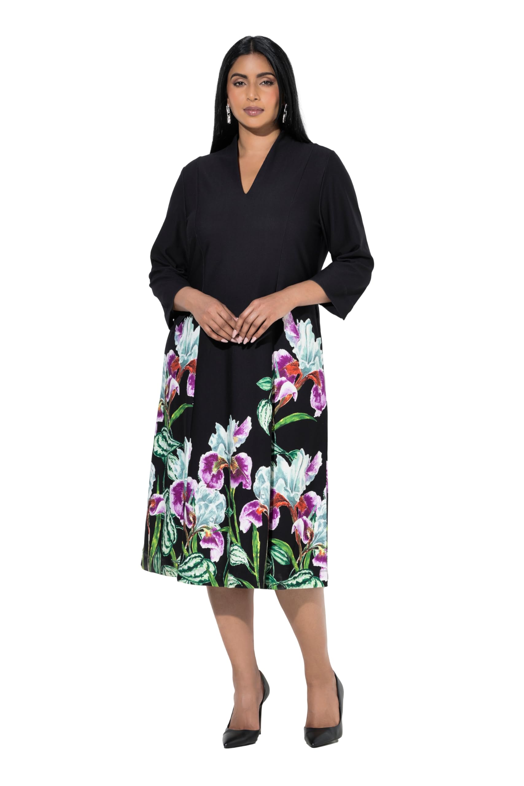 Ulla Popken Damen große Größen Übergrößen Plus Size Punto-Midikleid, A-Linie, Kelchkragen, 3/4-Arm 843871