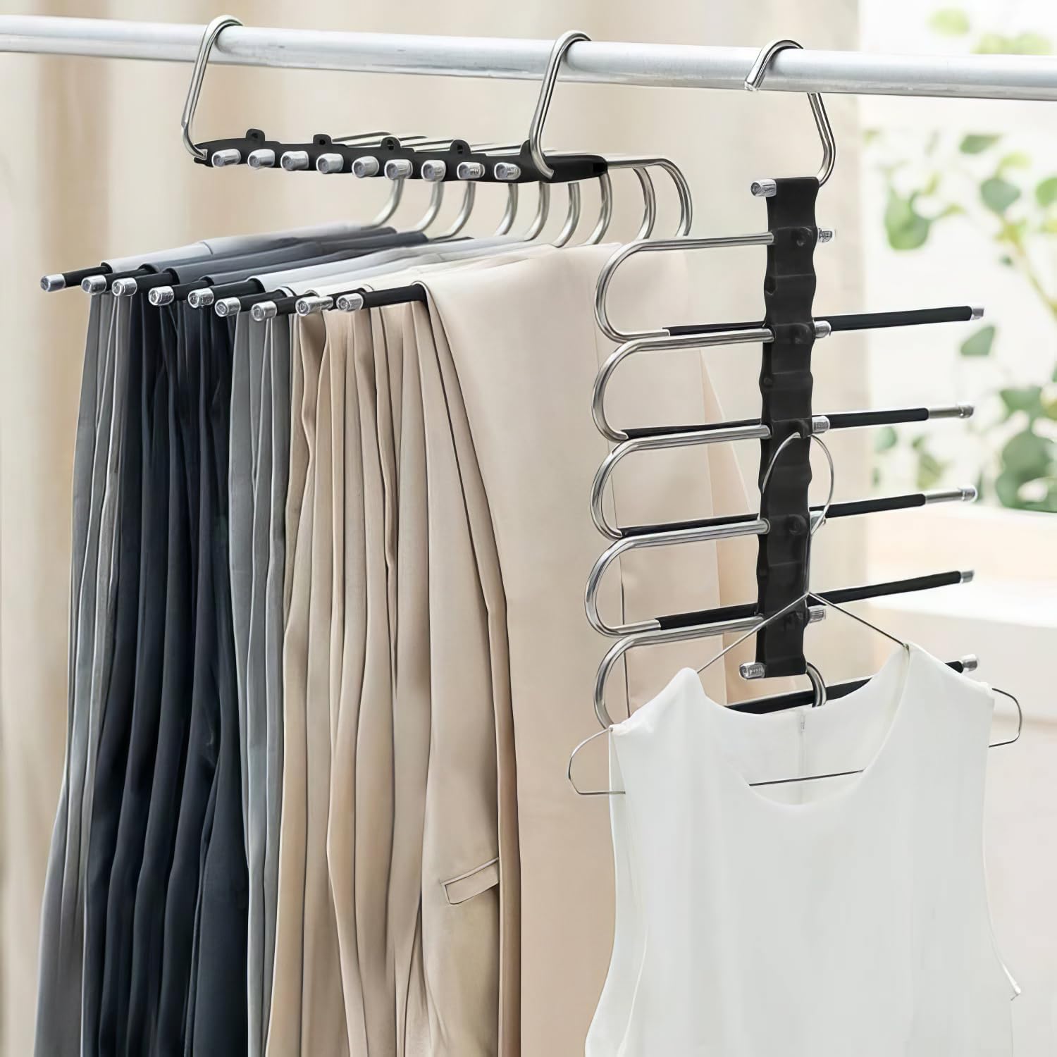 Multifunctional Space Saving Closet Organizer Multiple Pants Hanger (2 Pack) for Slacks Trousers Jeans Skirts and Scarves for Men Women Teens and Students