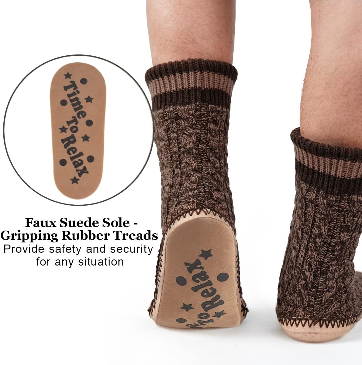 cosyone1997 Men's Slipper Socks, Winter Cable Knit Non-Skid Warm Slipper Socks, Cozy Soft Indoor Socks with Fluffy Sherpa Lined - Image 4