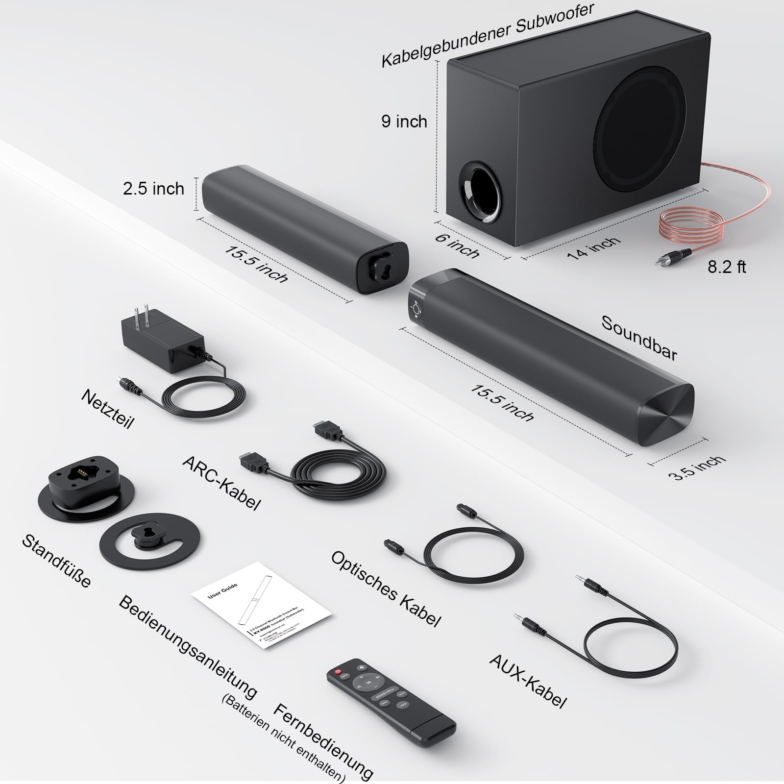 GarageRock Soundbar mit Subwoofer für Fernseher, 110W Heimkino Soundsystem mit Deep Bass&Auto Volume Boost&3 EQ Modi, Bluetooth 5.3/ARC/Opt/AUX, Surround Sound System für Fernseher/PC/Projector, 1 Set