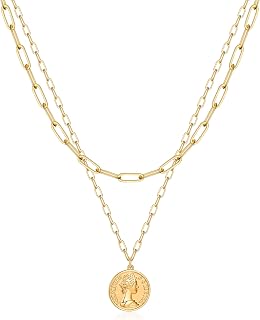 14K-Gold-Plated Necklaces for Women - Lock Evil Eye Medallion Vintage Coin Necklace Bee Sun Moon Shell Chain Necklace Layered Paperclip Chain Necklaces for Women Jewelry Gifts