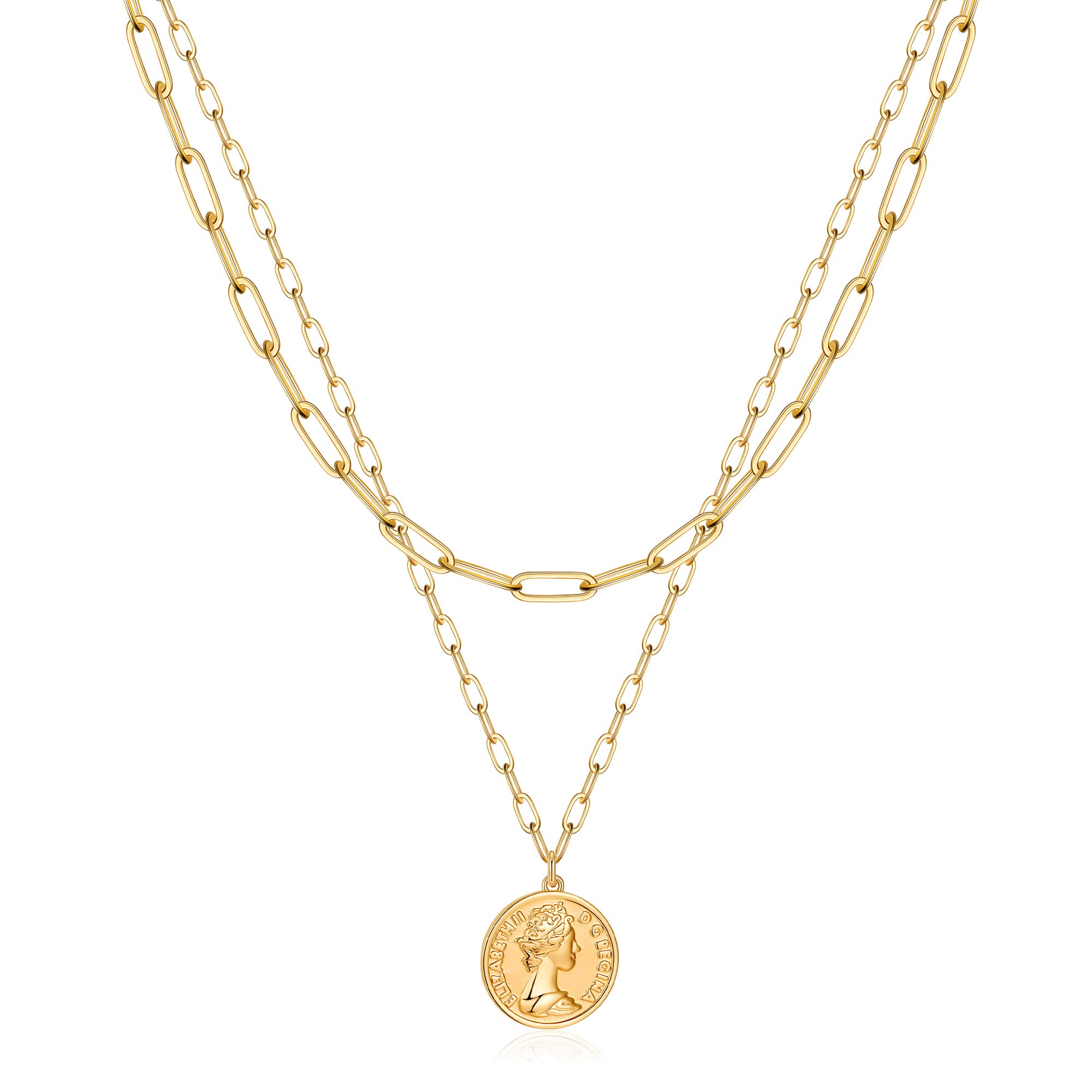 TurandossGold Necklaces for Women - 14K Gold Plated Lock Evil Eye Medallion Vintage Coin Necklace Bee Sun Moon Shell Gold Chain Necklace Layered Paperclip Chain Necklaces for Women Jewelry Gifts