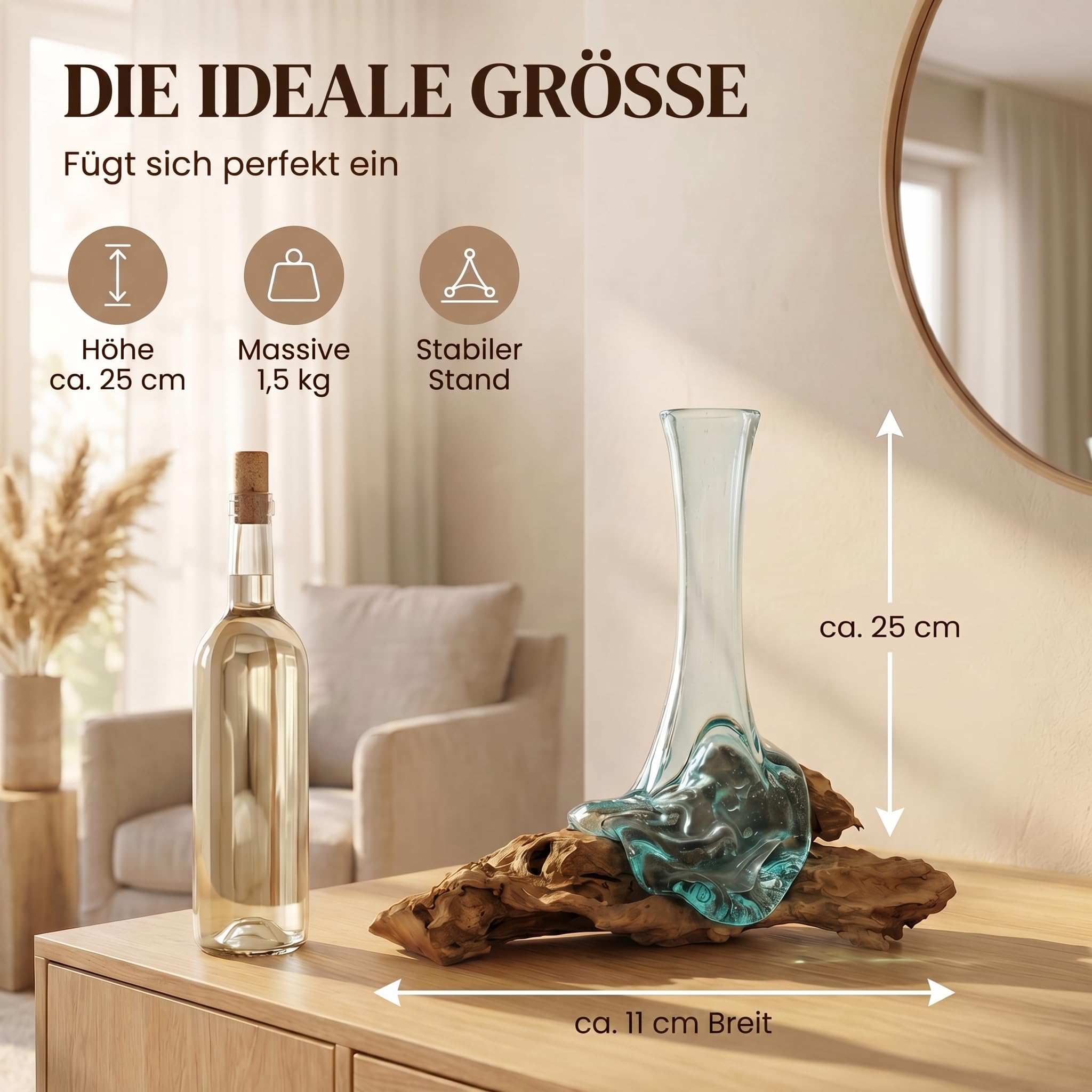 Vase auf Wurzelholz, B-Ware, Unikat Glasvase 25 cm mit abnehmbarem Glaseinsatz, handgefertigt aus Teakholz, Deko für Wohnzimmer & Büro, in Braun/Klar Vase M