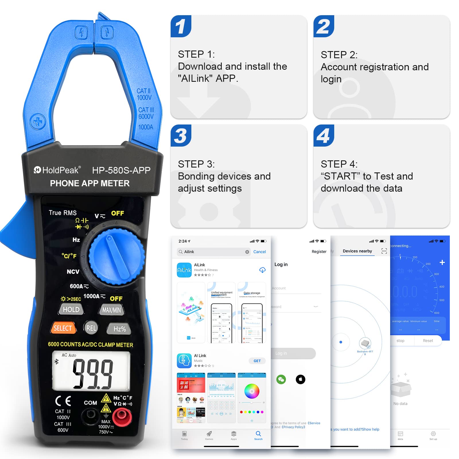 Pinza Amperimétrica HoldPeak con APP connect, Multímetro TRMS 6000 Counts HP-580S Auto Ranging, NCV 1000A AC/DC Volt ohm Resistencia Capacitancia Continuidad Temperatura Diodo