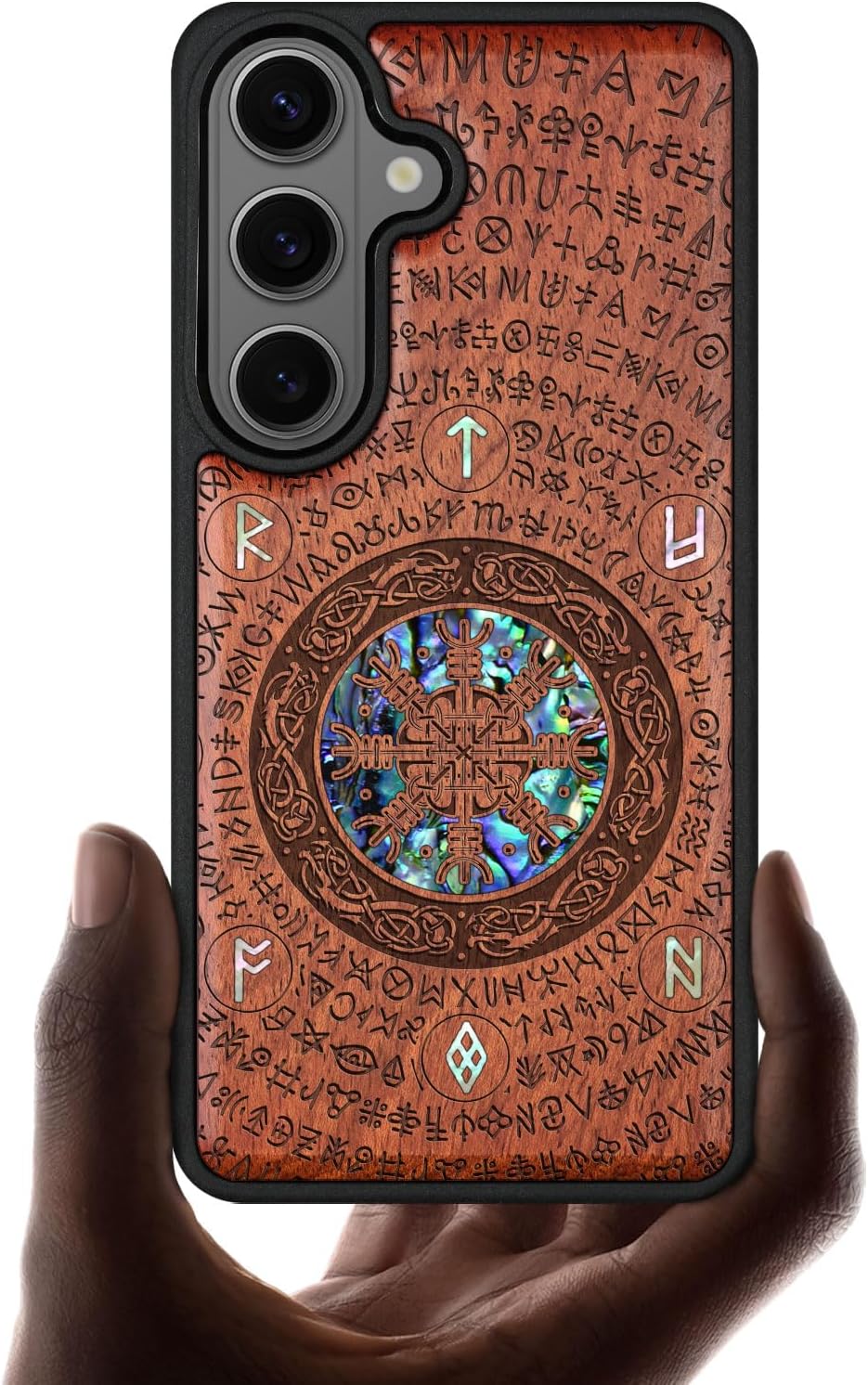Carveit Magnetic Wooden Case for Samsung Galaxy S26 Case, Wood Artisan Engraved & Handmade Shell Inlaid, Compatible with MagSafe Wireless Chargers (Viking) Rosy