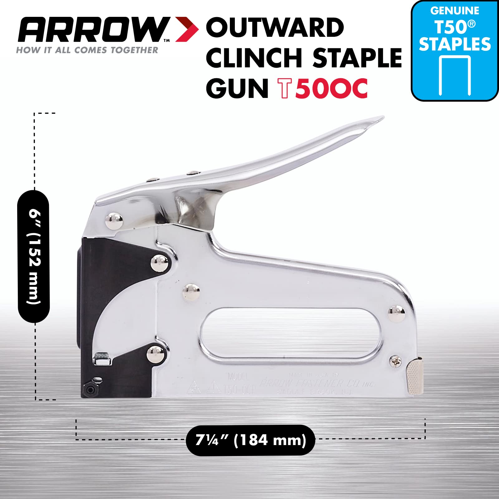 Arrow T50OC Heavy Duty Outward Clinch Heftpistole Manueller Hefter für Verpackung und Boxen, verwendet T50 Heftklammern in 3/8 Zoll, 1/2 Zoll und 9/16 Zoll