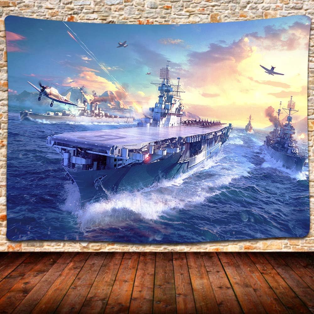 Aircraft Carrier Warship Tapestry World War II Military Theme Army Fan Tapestry Wall Mount for Bedroom Living Room Dorm Room 80X60 Inches GTQQUH31