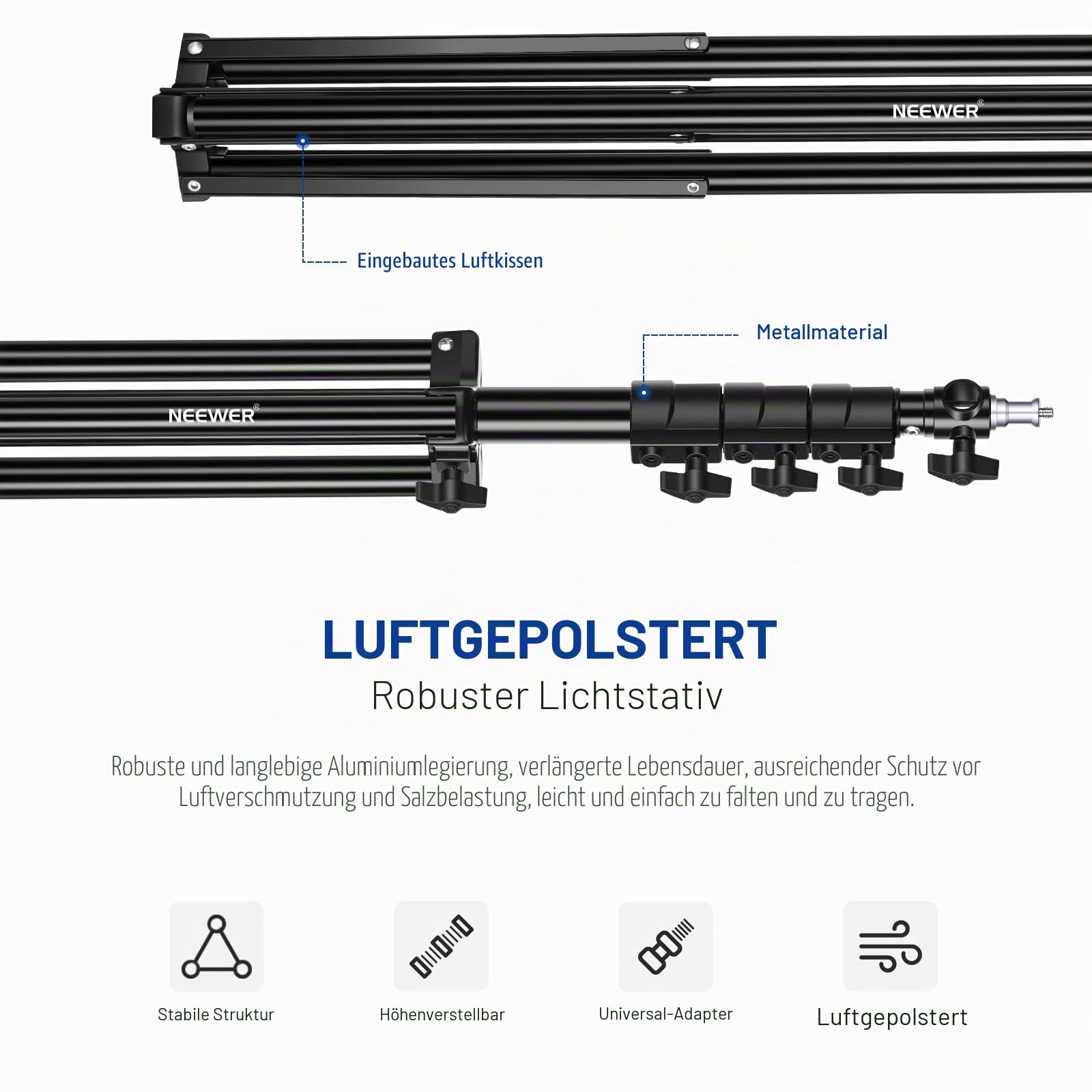 NEEWER 3m Lichtstativ, Luftgepolstertes Heavy Duty Metallstativ für Ringlicht Fotografie Lampen mit 1/4" zu 3/8" Schraubadapter und 3 Wege Schnittstellen, Tragfähigkeit: 2,5kg, ST-300AC