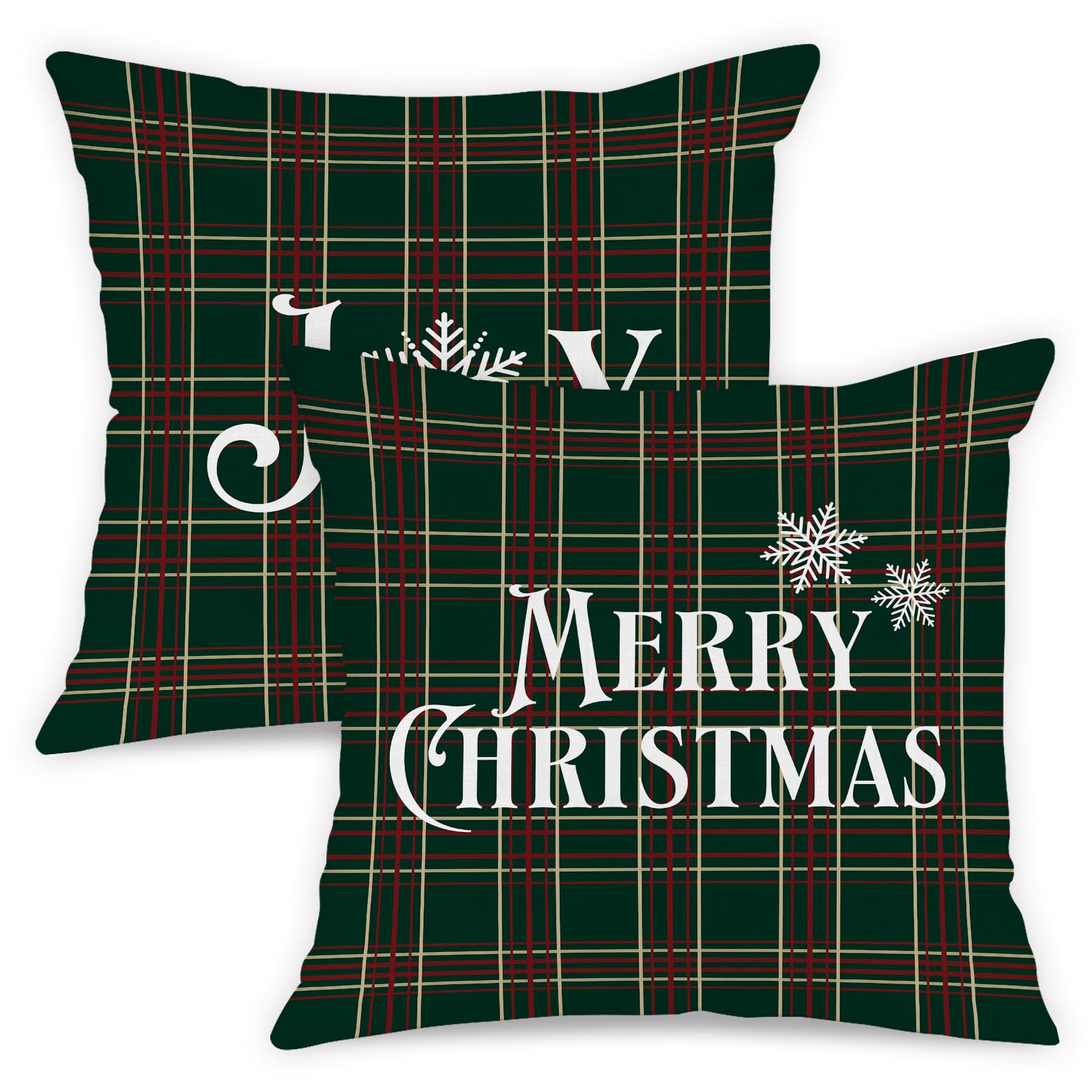 Lanpn 16x16 Christmas Throw Pillow Covers Set of 2, Plaid Christmas Pillow Covers Decorative Pillow Covers Xmas Cushion Cases for Farmhouse Home Room Couch Sofa Decor 40x40cm (Dark Green)