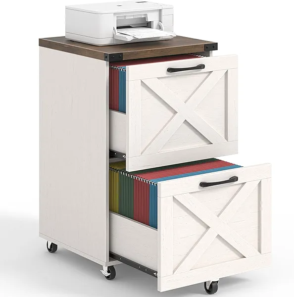 2 Drawer Small File Cabinet with Wheels, Farmhouse Vertical Filing Cabinet Fits A4/Letter Size, Under Desk Rolling File Cabinets for Home Office, Wooden Printer Stand, Rustic White