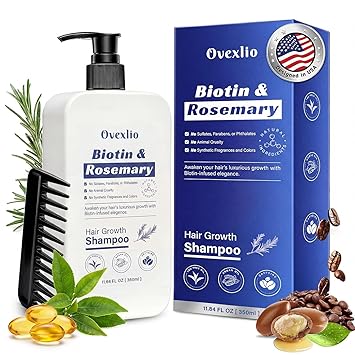 Hair Growth Shampoo with Biotin & Rosemary for Thinning Hair for Women, Anti Hair Loss Shampoo, Natural Thickening Formula, Sulfate Free with Comb, 11.84 fl oz