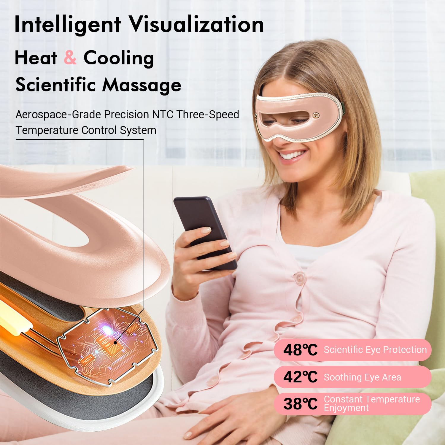 Cordless Eye Mask with Heat and Cooling, Heated Eye Mask with Washable Eye Heating Pad, Vision Window Design, Warm Eye Compress for Migraines, Dry Eyes, Improve Sleep, Birthday Gifts for Women Men