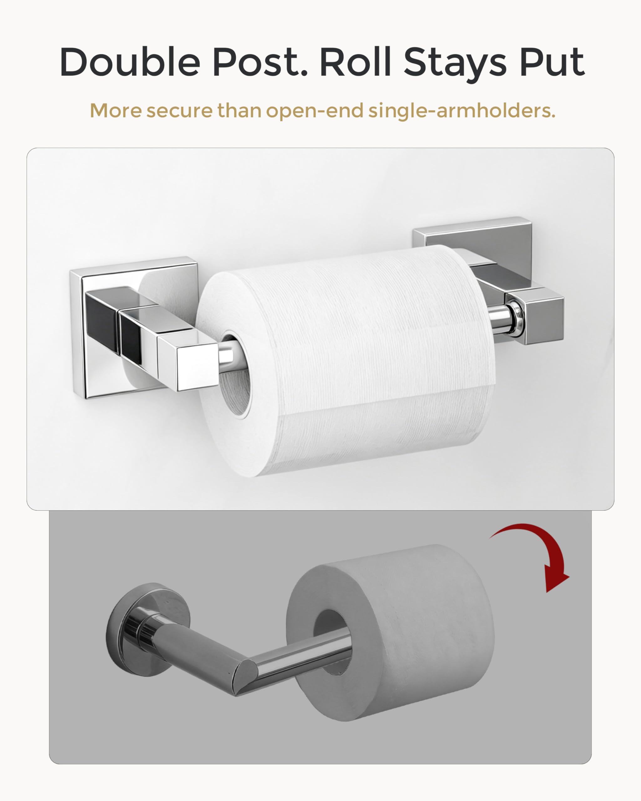 Porta rotolo di carta igienica da parete, in acciaio inox, con doppio palo girevole, base quadrata, per bagno e bagno, porta rotolo di carta igienica antiscivolo (cromato)