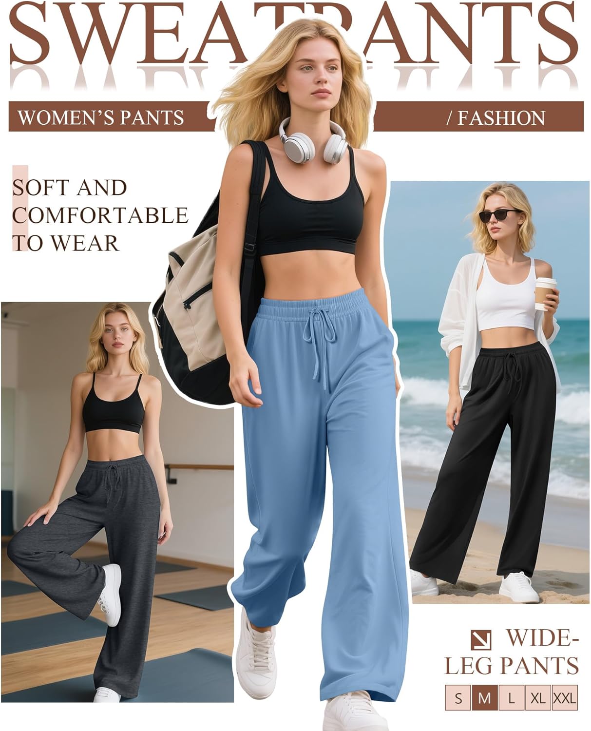 Neer 3 Pack Women's Drawstring Pants Casual Wide Leg Lounge Yoga Sweatpants Loose Comfy Palazzo with Pockets - Image 5