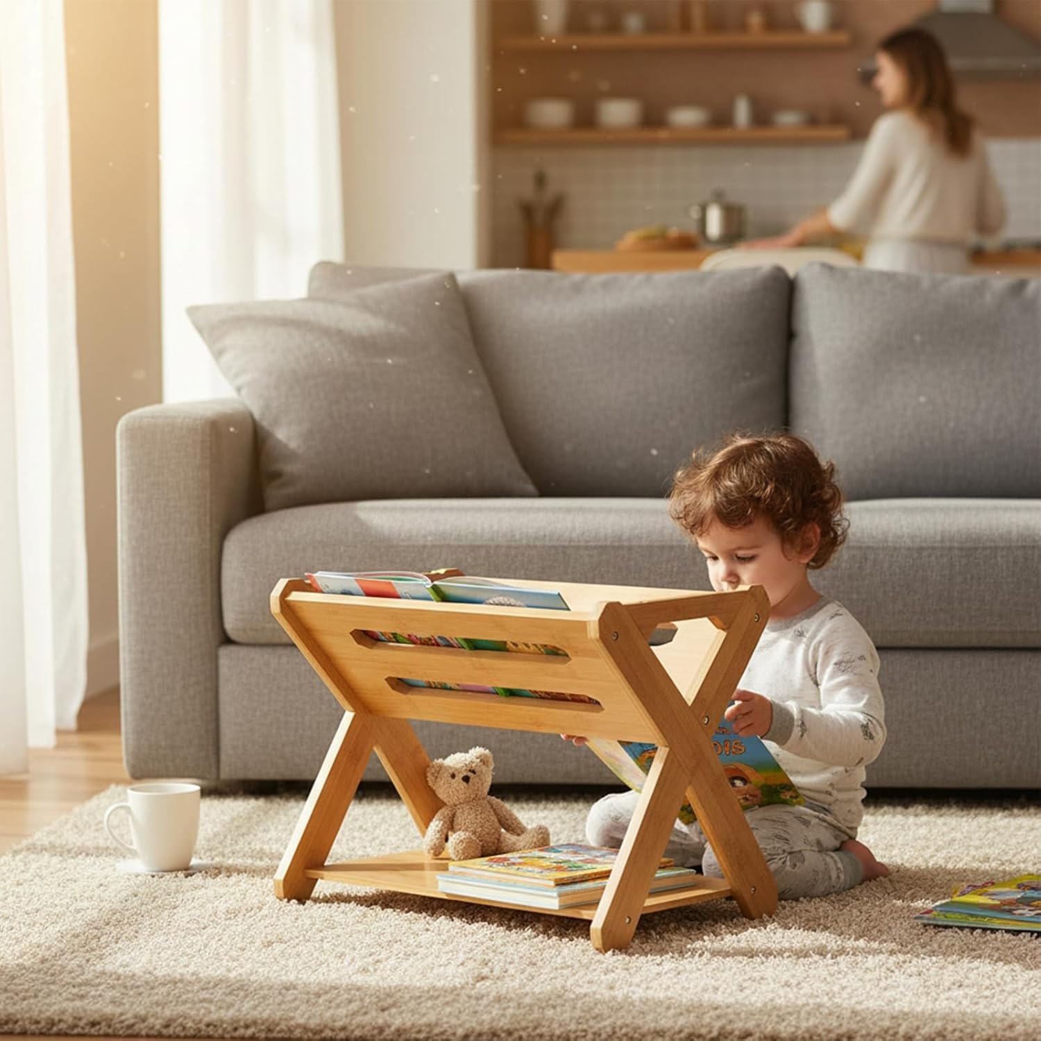 Okllen Kids' Book Caddy with Shelf, Bamboo Bookcase Book Storage Organizer, Book Rack Book Shelf Organizer for Bedroom, Playroom, Nursery, Sturdy, Including Installation Instruction - Image 2