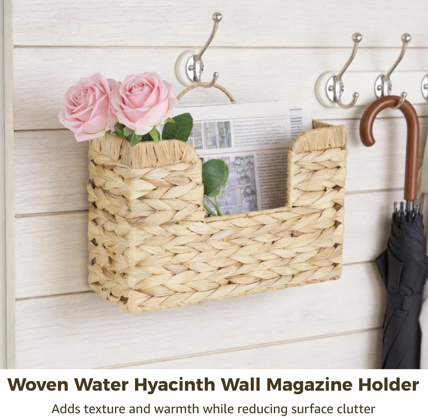 Water Hyacinth Wall Magazine Holder, Handwoven Natural Woven Storage Basket with Metal Frame, Hanging Mail Files Organizer for Living Room Entryway Office