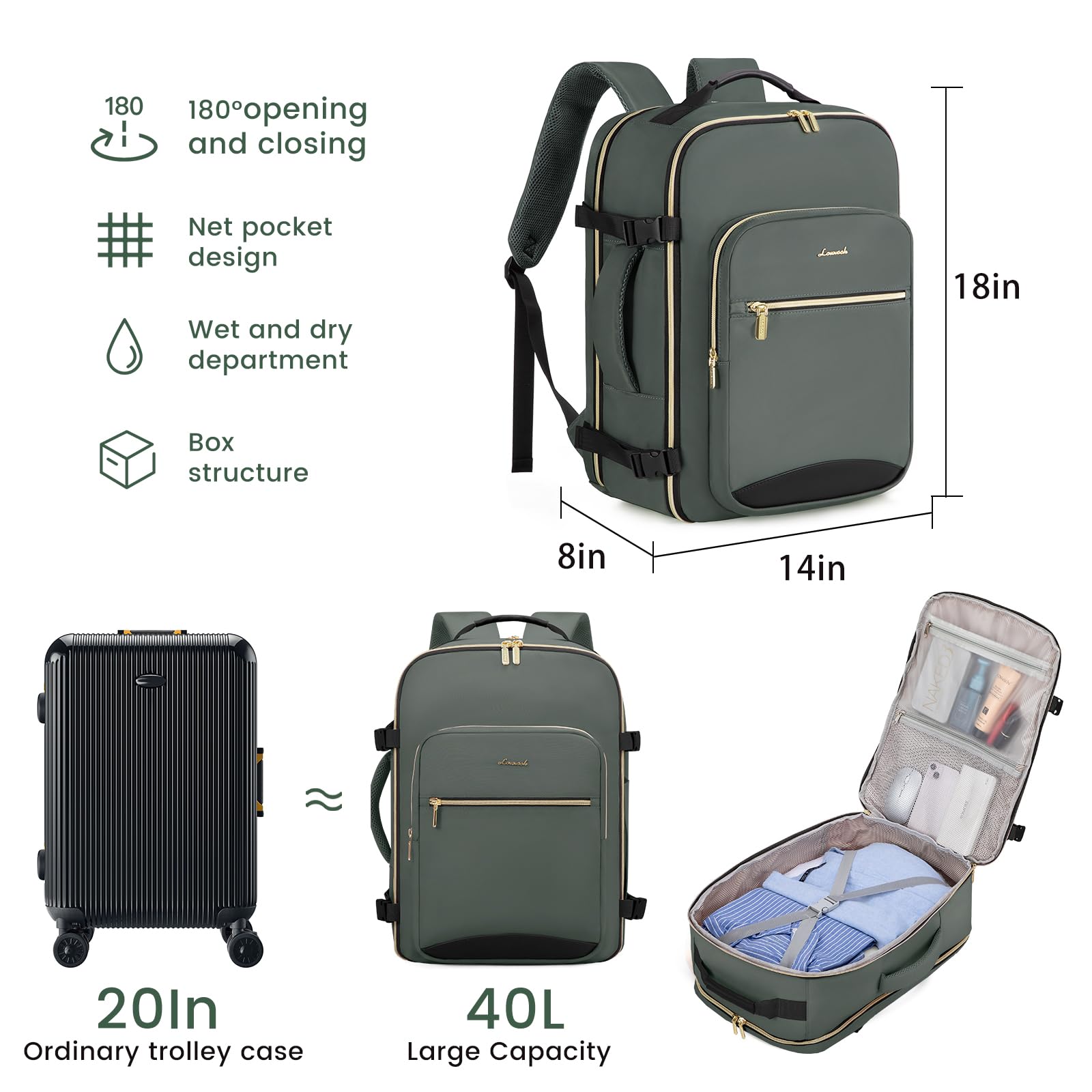 LOVEVOOK Zaino da Viaggio Aereo Bagaglio a Mano, Impermeabile Zaini Trolley Bagaglio Donna 40L Cabin Max per Ryanair Easyjet, Grande Zaino Porta PC 17 Pollici Valigia Borsa a Zainetto