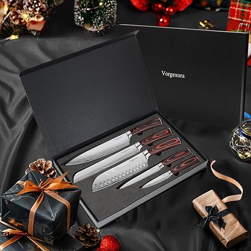 Miniatura 2 de Juego de 5 cuchillos afilados de cocina para chefs, cuchillos de corte japoneses profesionales para carne, pan de verduras y pelar, Santoku de acero