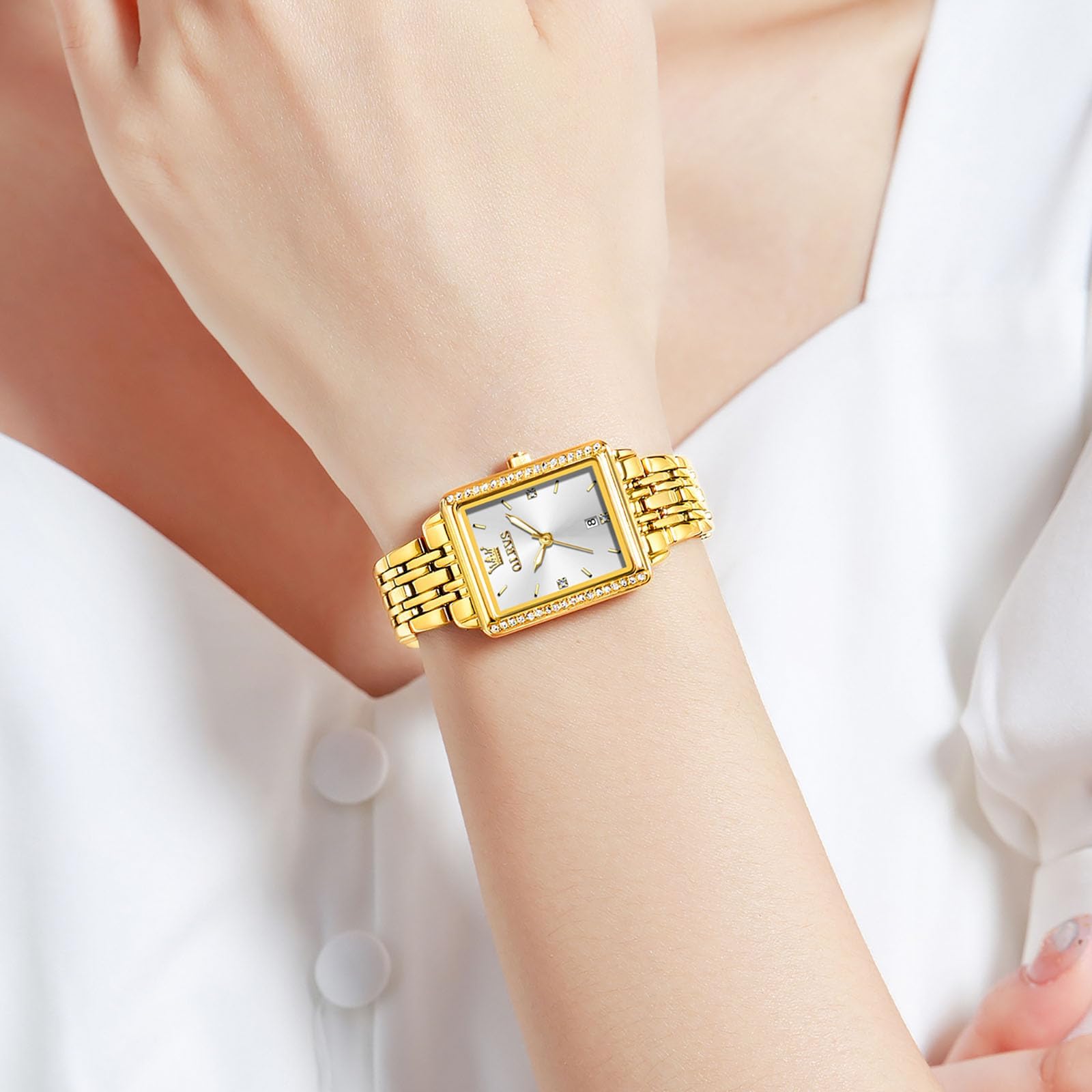 OLEVS Gold Uhren für Frauen Quadrat, Edelstahl Armband Damenuhren Kleines Gesicht, Retro wasserdichte Leuchtende Damen Armbanduhren mit Datum Leicht zu Lesen