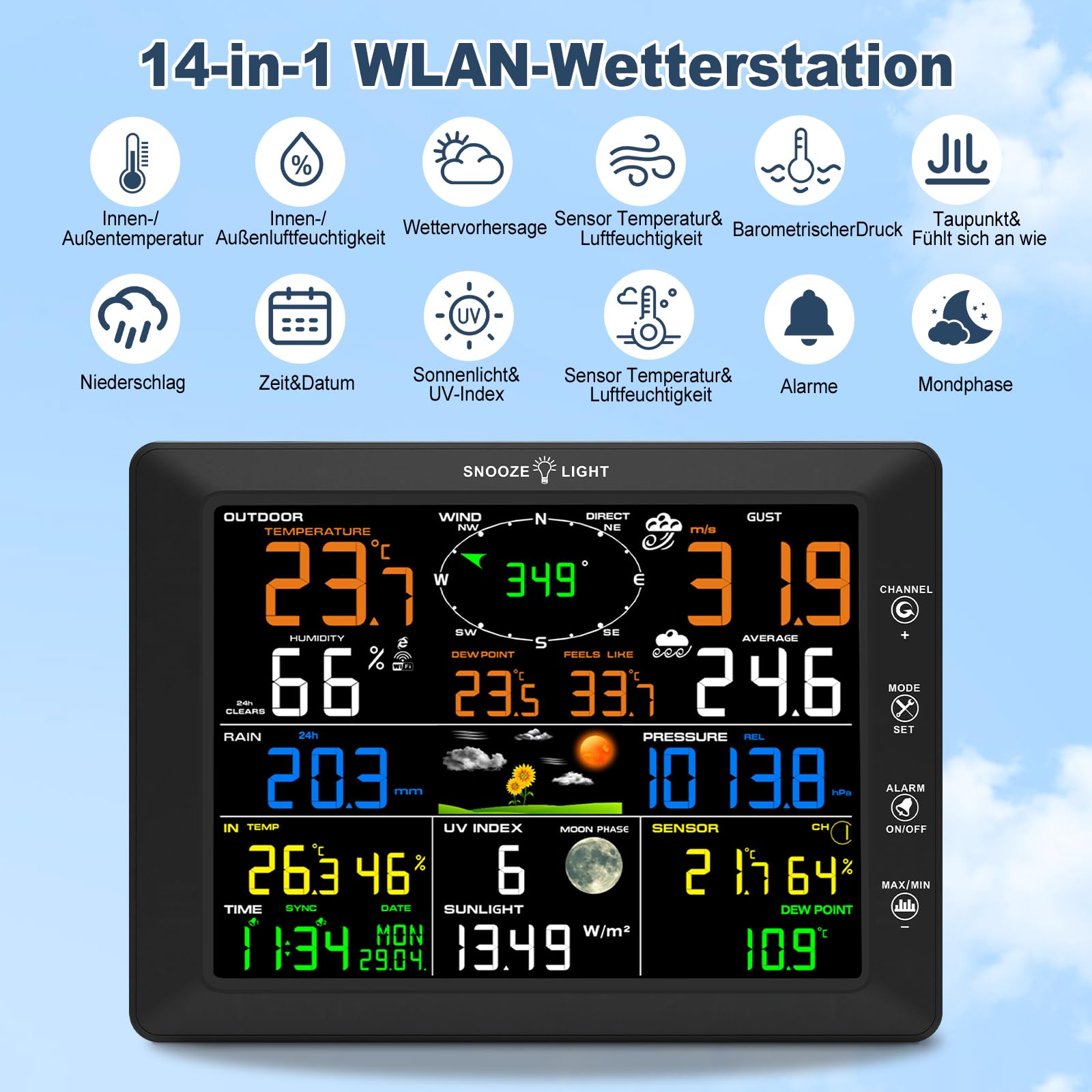 Urageuxy 14-in-1 Profi WLAN Wetterstation mit Windmesser und Regenmesser, 8 Zoll HD-Farbdisplay, Funkwetterstation für Innen Außen, Thermometer/Hygrometer, UV-Index, Luftdruck