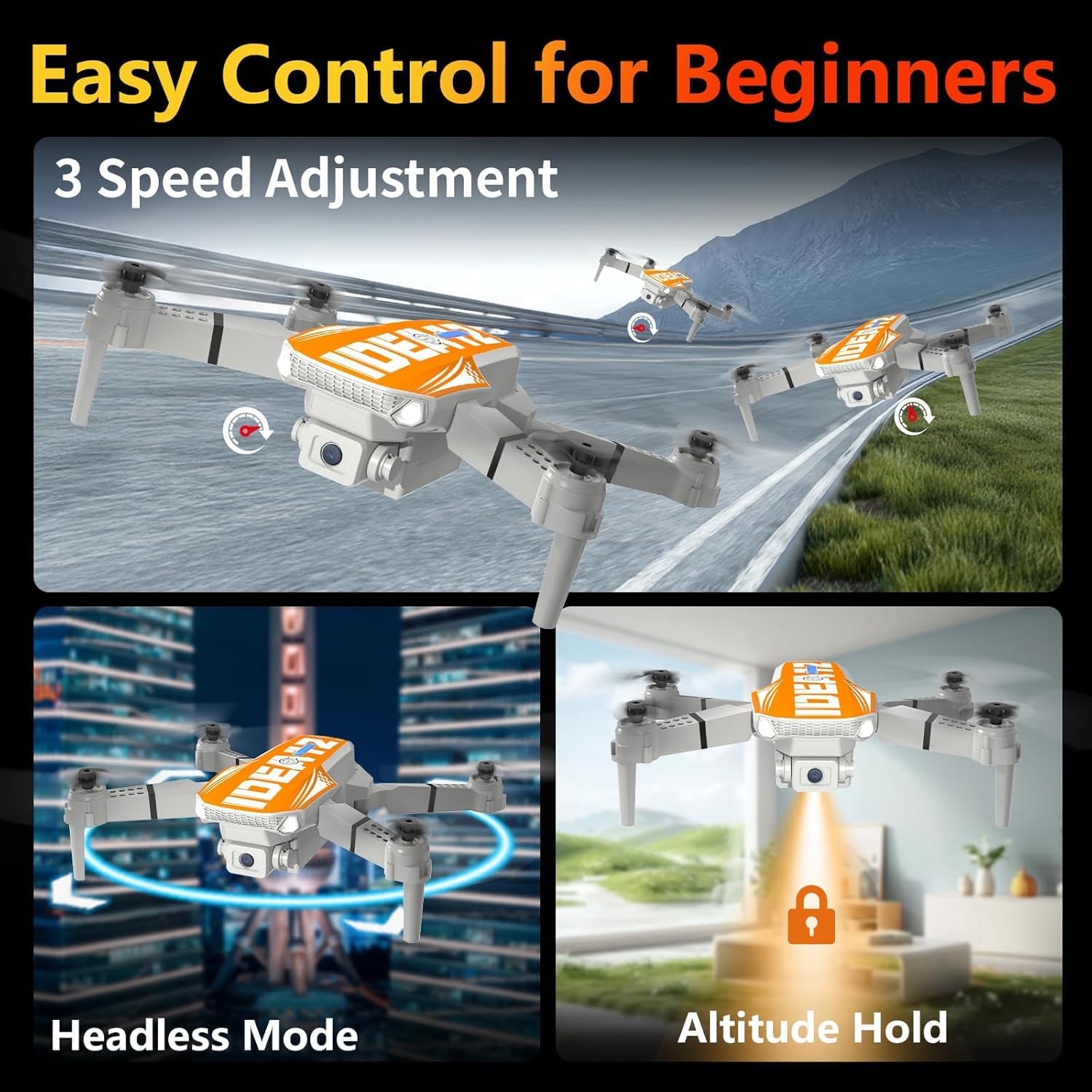 LE-IDEA Pieghevole Drone con Telecamera 1080P per Adulti, IDEA12 Mini Drone con Doppia Telecamera, Posizionamento Flusso Ottico, Modalità Senza Testa, RC Quadcopter per Principianti Adulti (Arancione)