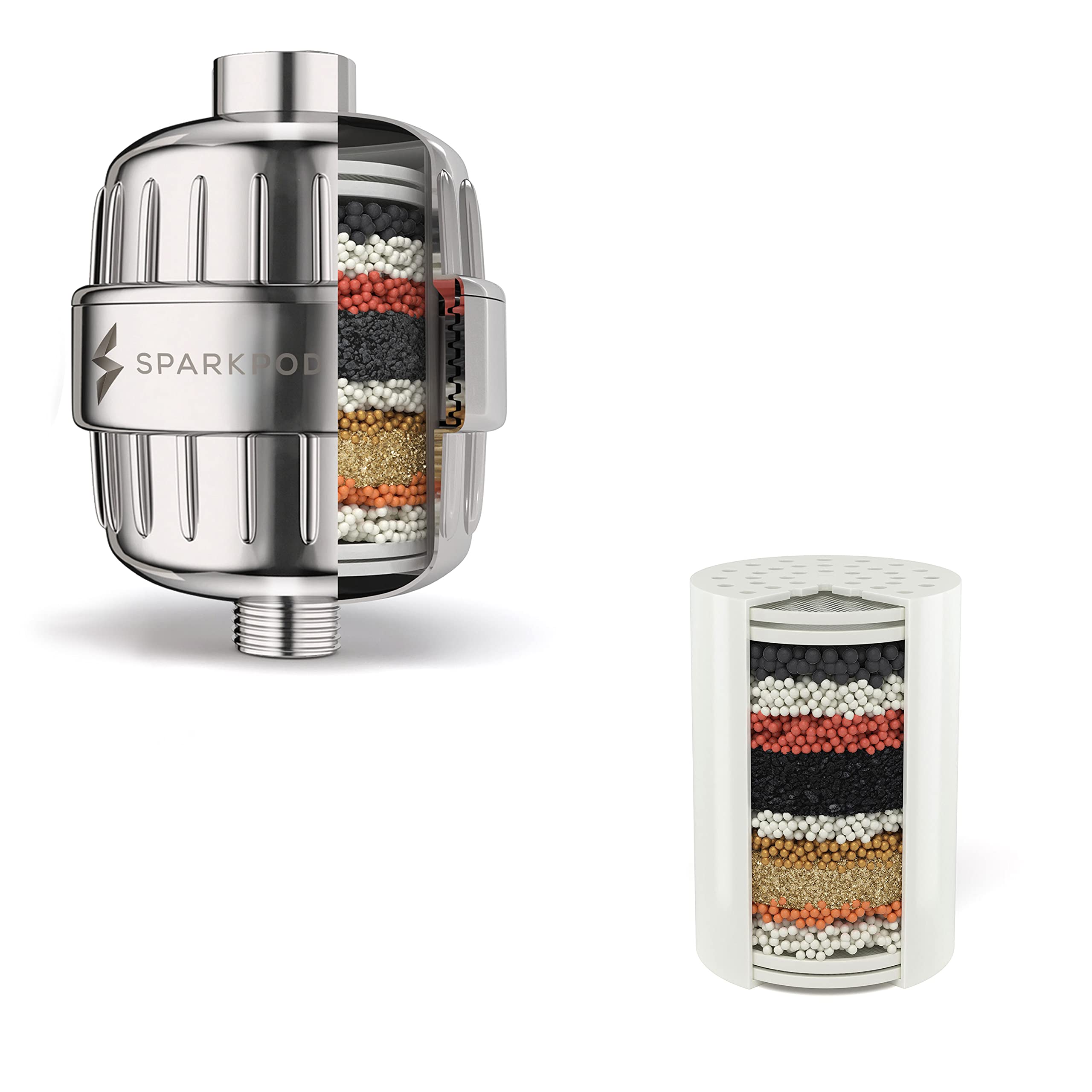 SparkPodShower Filter Capsule and 1 Filter Cartridge bundle to Reduce Chlorine, Dirt, Odors from Shower Water - Recommended for People with Itchy Dry Skin, Eczema and Dandruff (Chrome)